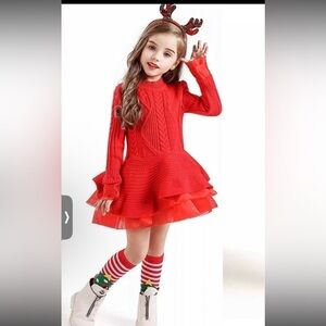 Holiday red knit dress tulle trim
